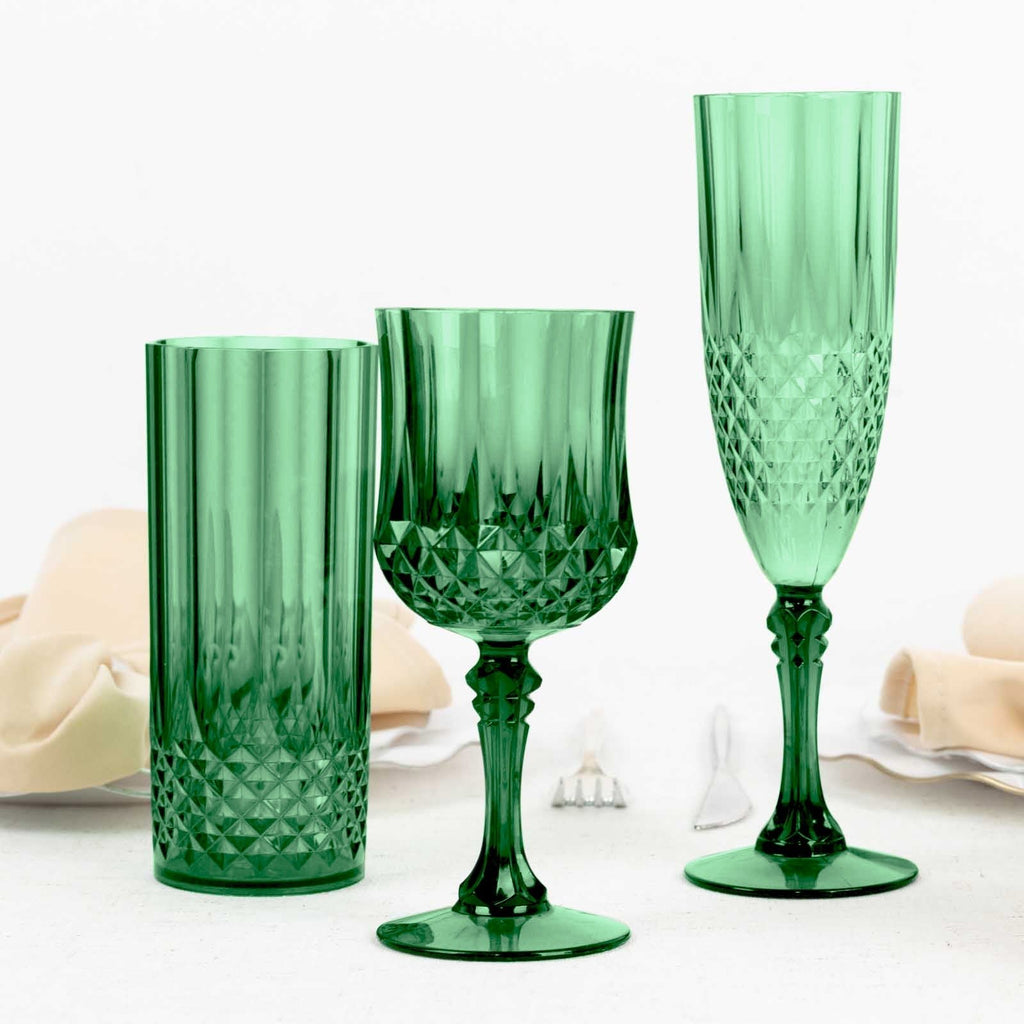 6 - Pack Plastic Wedding Toast Flutes Hunter Emerald Green Transparent Crystal Cut Style - Reusable Champagne Glasses 8oz - Bell Racket Store