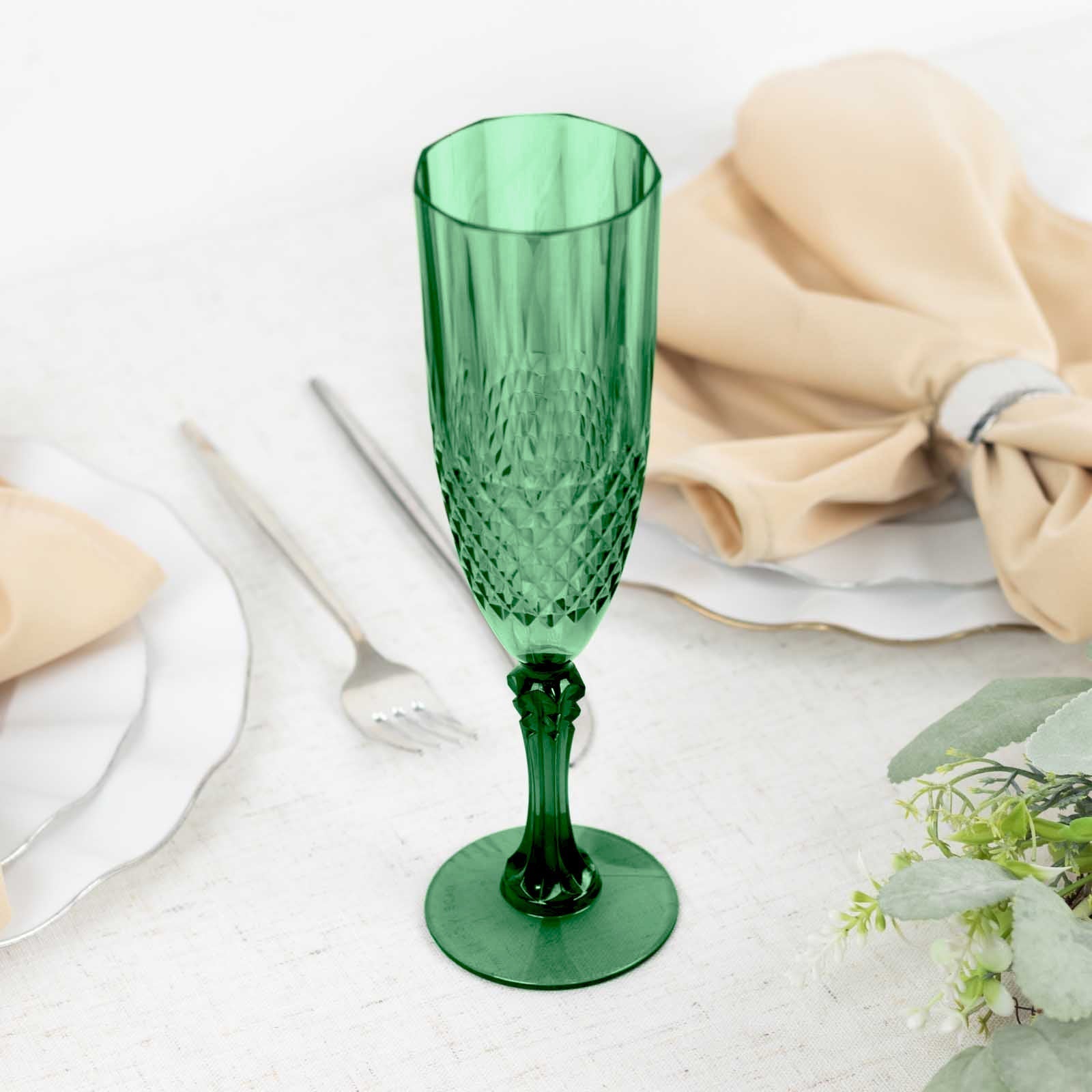 6 - Pack Plastic Wedding Toast Flutes Hunter Emerald Green Transparent Crystal Cut Style - Reusable Champagne Glasses 8oz - Bell Racket Store
