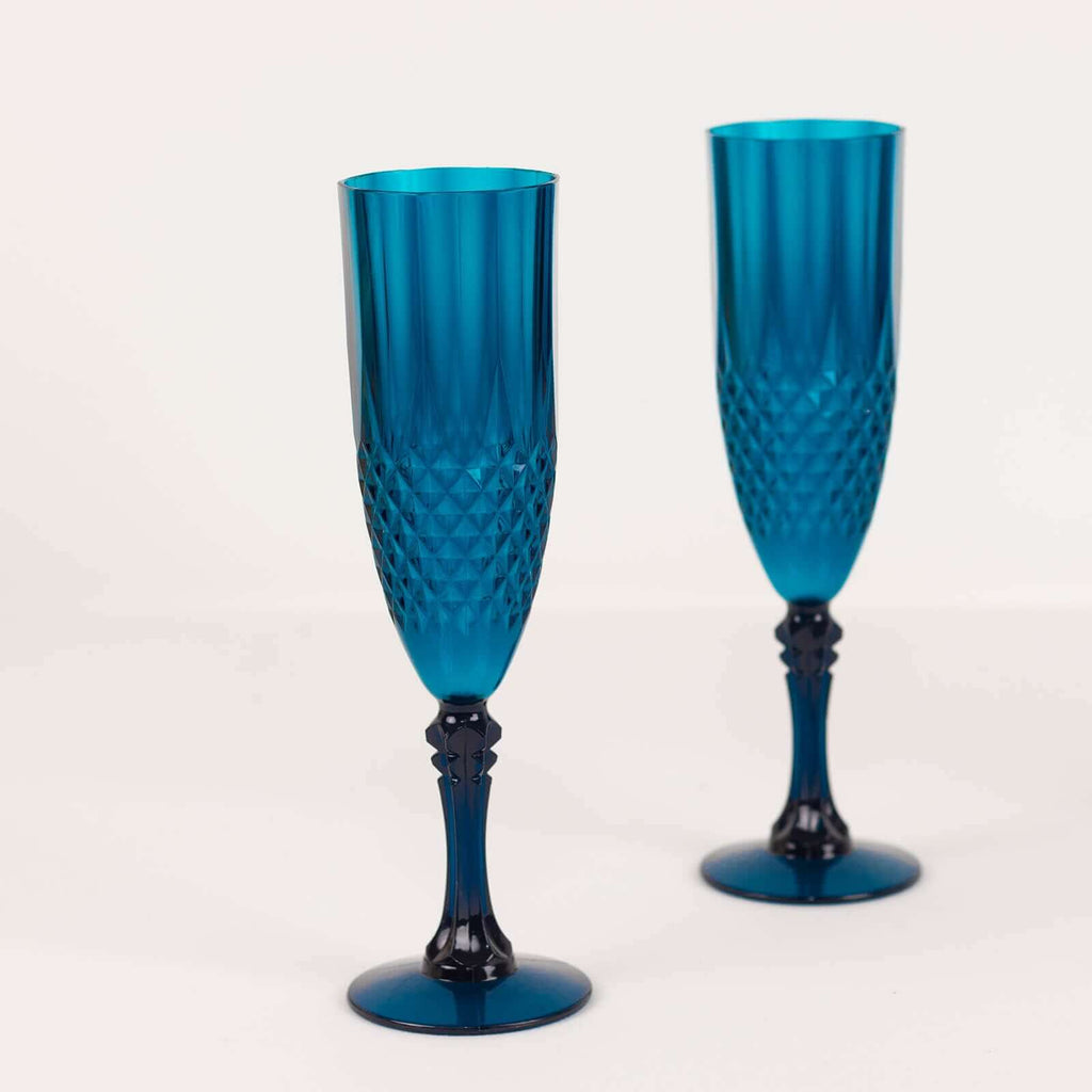 6 - Pack Plastic Wedding Toast Flutes Navy Blue Transparent Crystal Cut Style - Reusable Champagne Glasses 8oz - Bell Racket Store