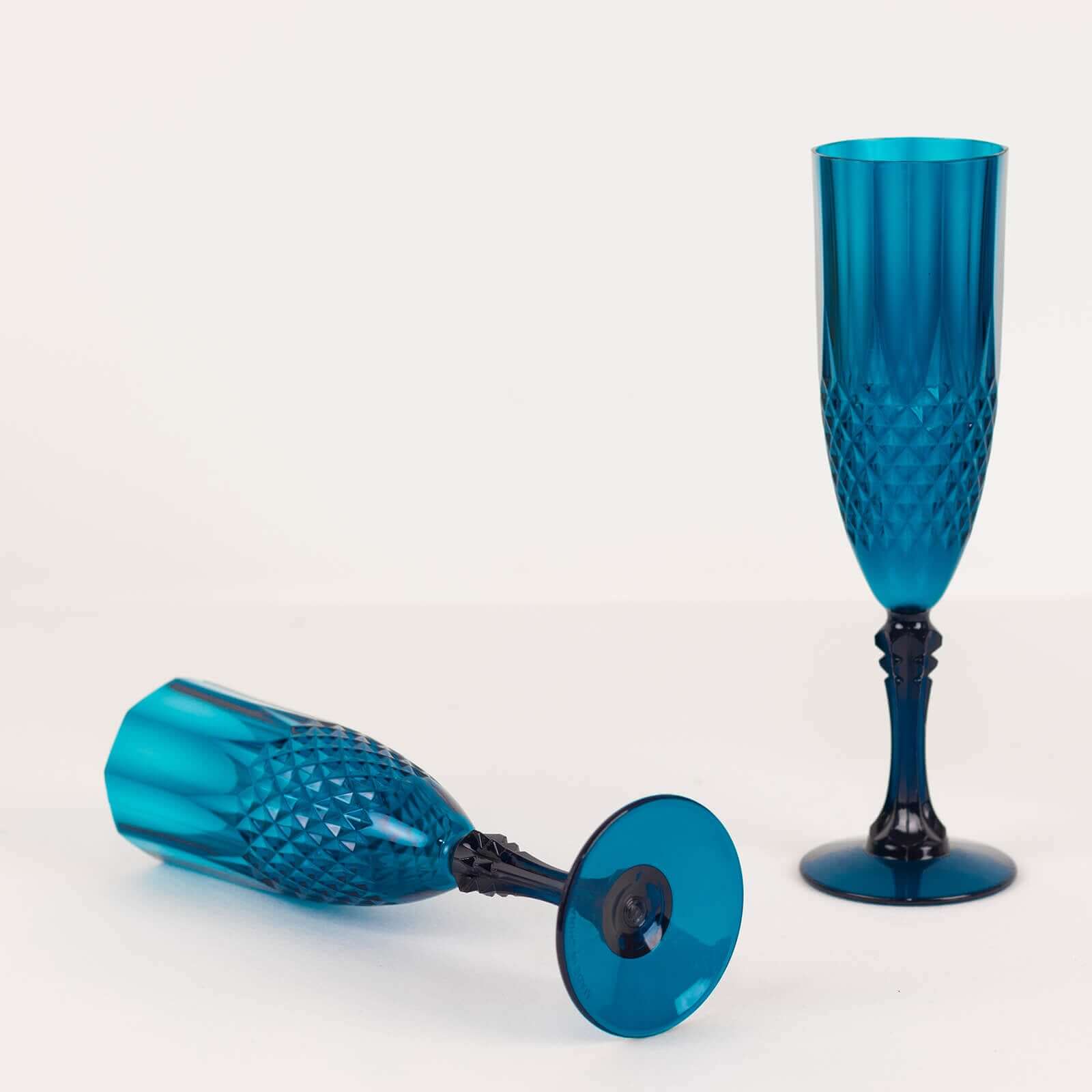 6 - Pack Plastic Wedding Toast Flutes Navy Blue Transparent Crystal Cut Style - Reusable Champagne Glasses 8oz - Bell Racket Store