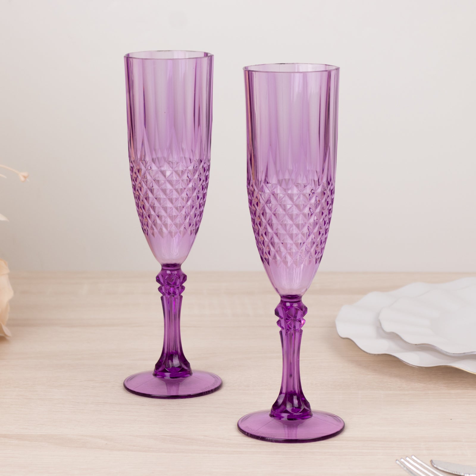 6 - Pack Plastic Wedding Toast Flutes Purple Transparent Crystal Cut Style - Reusable Champagne Glasses 8oz - Bell Racket Store