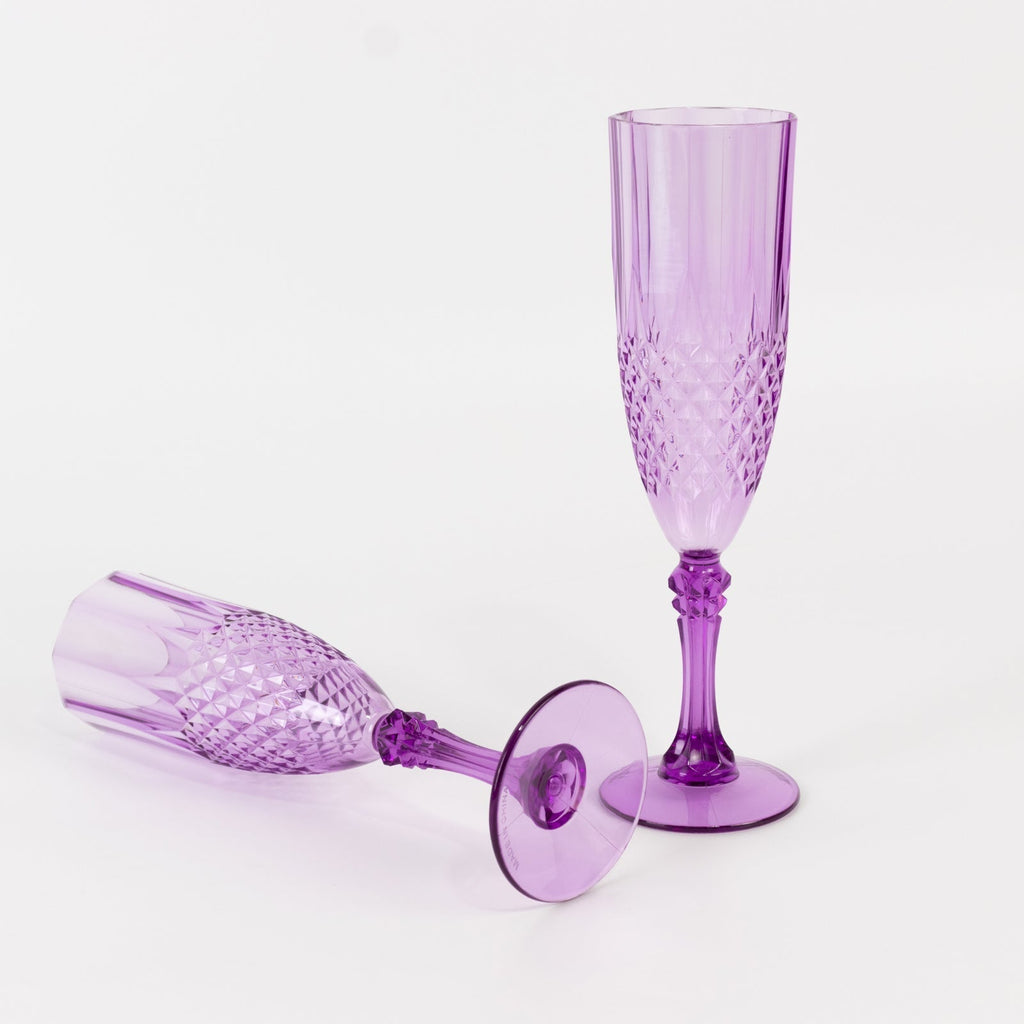 6 - Pack Plastic Wedding Toast Flutes Purple Transparent Crystal Cut Style - Reusable Champagne Glasses 8oz - Bell Racket Store