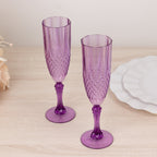 6 - Pack Plastic Wedding Toast Flutes Purple Transparent Crystal Cut Style - Reusable Champagne Glasses 8oz - Bell Racket Store
