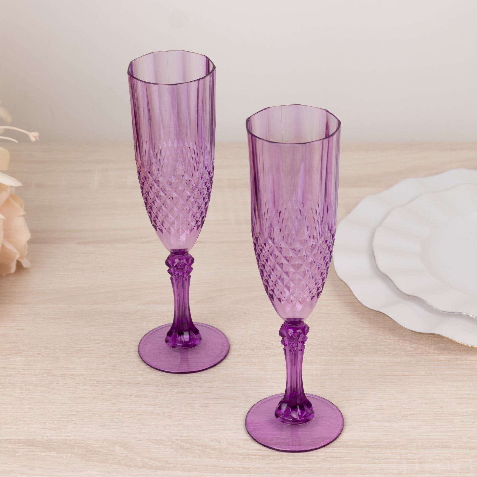 6 - Pack Plastic Wedding Toast Flutes Purple Transparent Crystal Cut Style - Reusable Champagne Glasses 8oz - Bell Racket Store