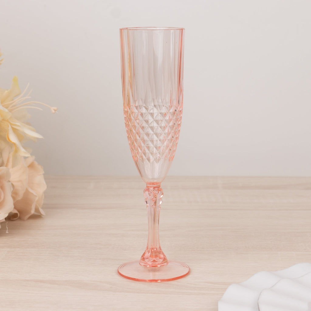 6 - Pack Plastic Wedding Toast Flutes Transparent Blush Crystal Cut Style - Reusable Champagne Glasses 8oz - Bell Racket Store