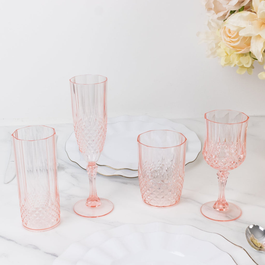 6 - Pack Plastic Wedding Toast Flutes Transparent Blush Crystal Cut Style - Reusable Champagne Glasses 8oz - Bell Racket Store