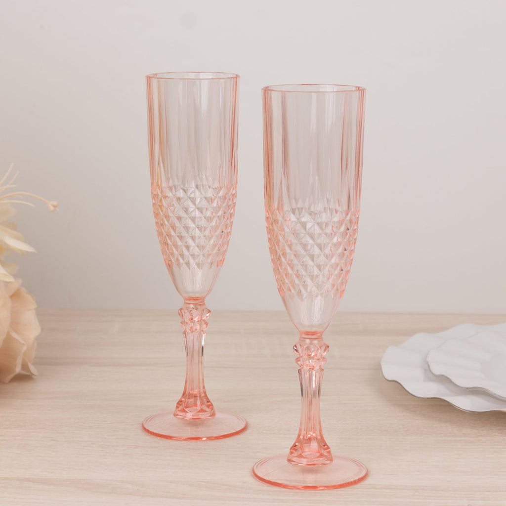 6 - Pack Plastic Wedding Toast Flutes Transparent Blush Crystal Cut Style - Reusable Champagne Glasses 8oz - Bell Racket Store