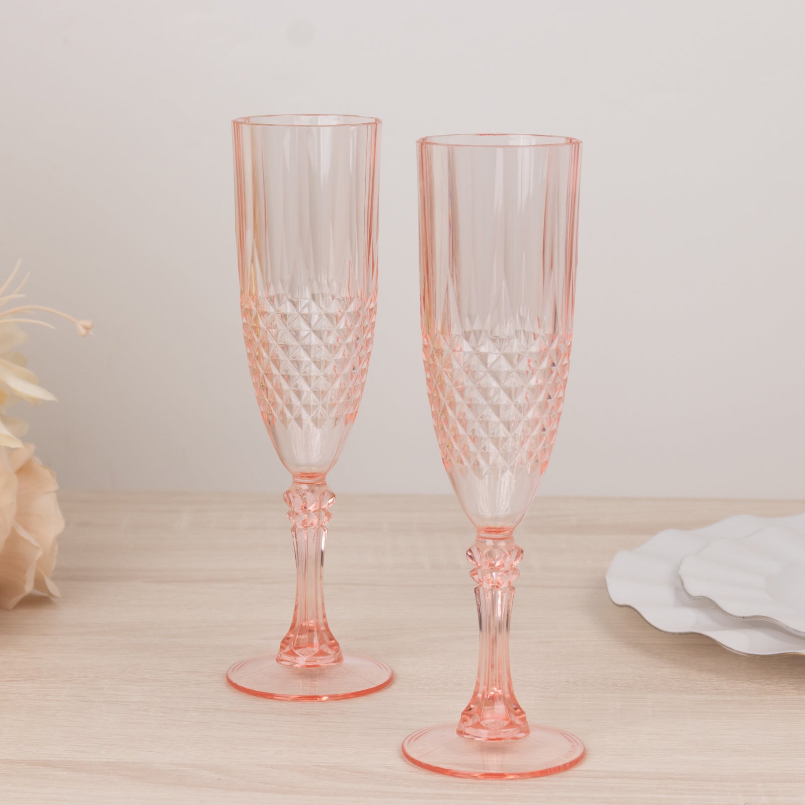 6 - Pack Plastic Wedding Toast Flutes Transparent Blush Crystal Cut Style - Reusable Champagne Glasses 8oz - Bell Racket Store