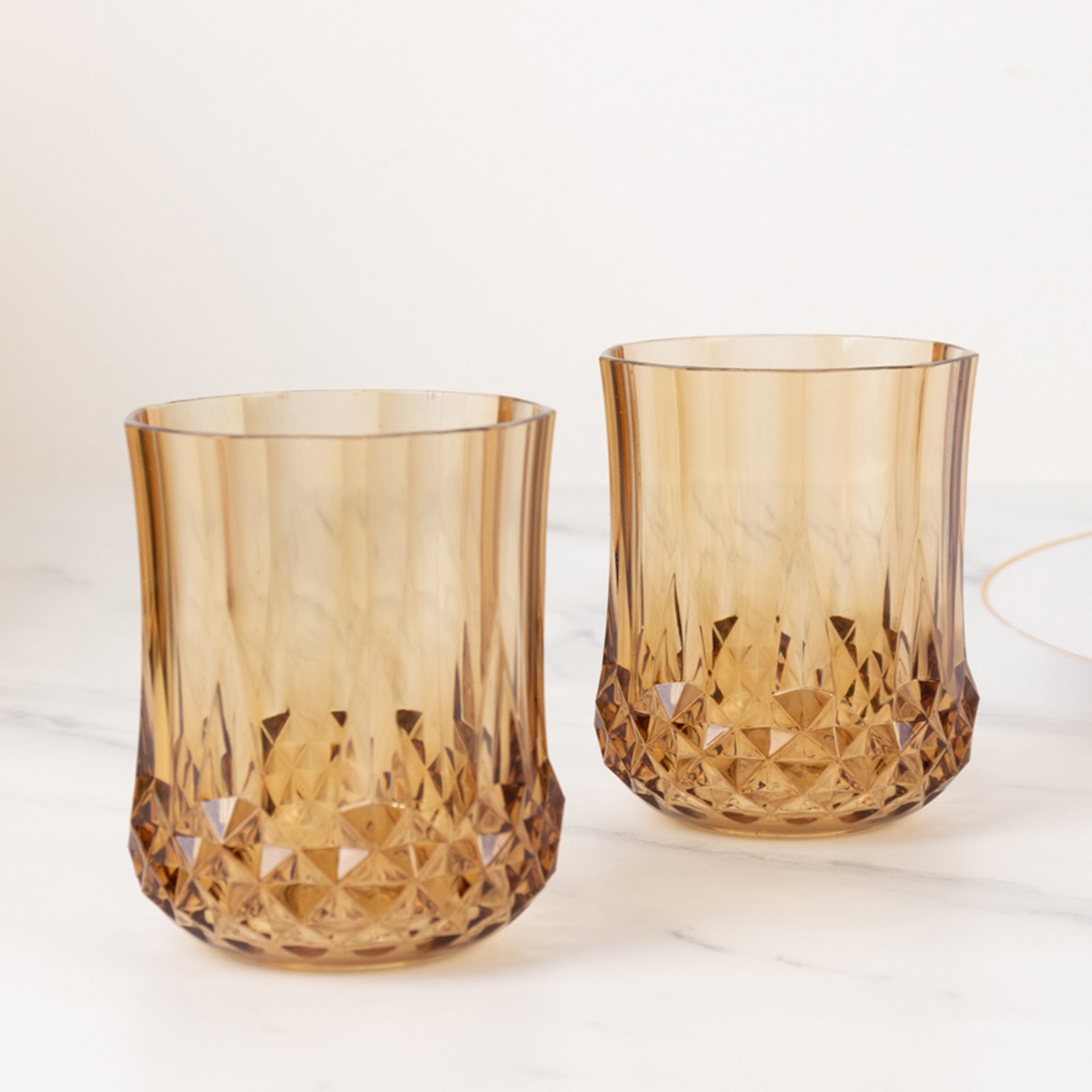 6 - Pack Plastic Whiskey Cups Amber Gold Crystal Cut Style - Reusable Stemless Wine Glasses 8oz - Bell Racket Store