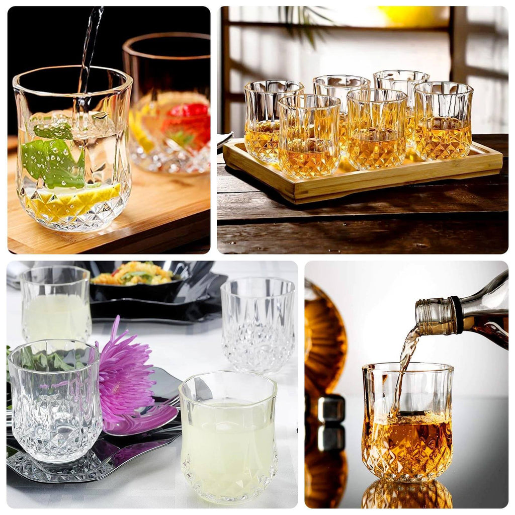 6 - Pack Plastic Whiskey Cups Clear Crystal Cut Style - Reusable Stemless Wine Glasses 8oz - Bell Racket Store