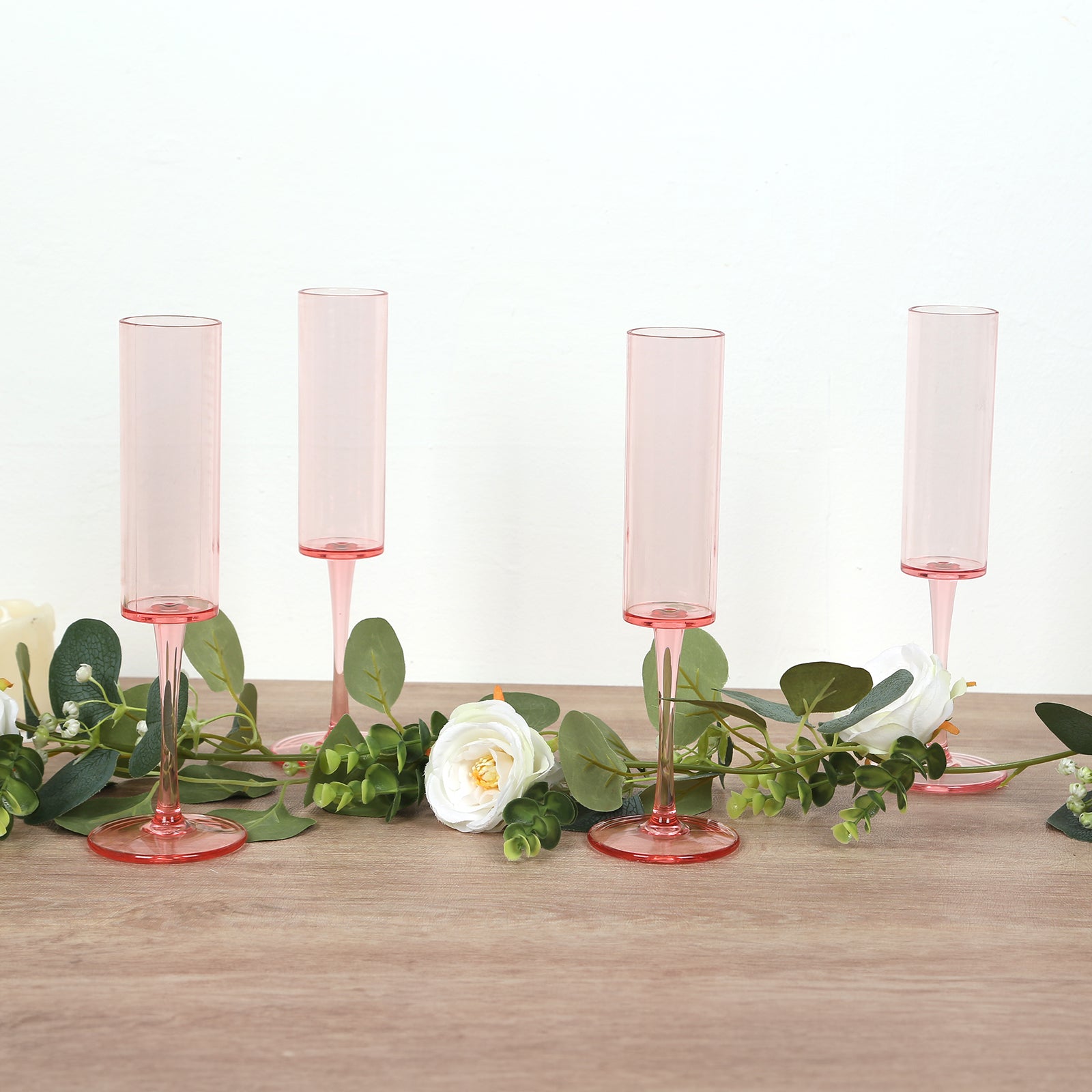 6 - Pack Plastic Wine Mimosa Goblets Transparent Blush Cylindrical Shape - Reusable Champagne Flute Glasses 9.5" Tall 6oz - Bell Racket Store