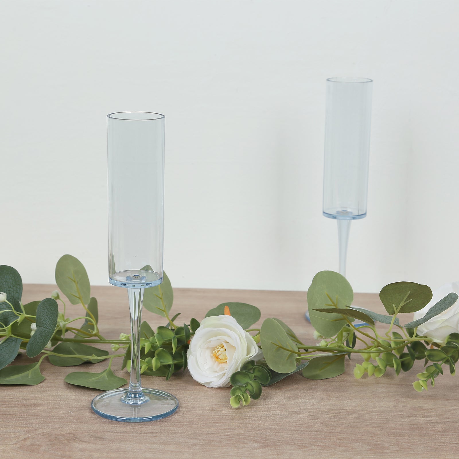 6 - Pack Plastic Wine Mimosa Goblets Transparent Dusty Blue Cylindrical Shape - Reusable Champagne Flute Glasses 9.5" Tall 6oz - Bell Racket Store