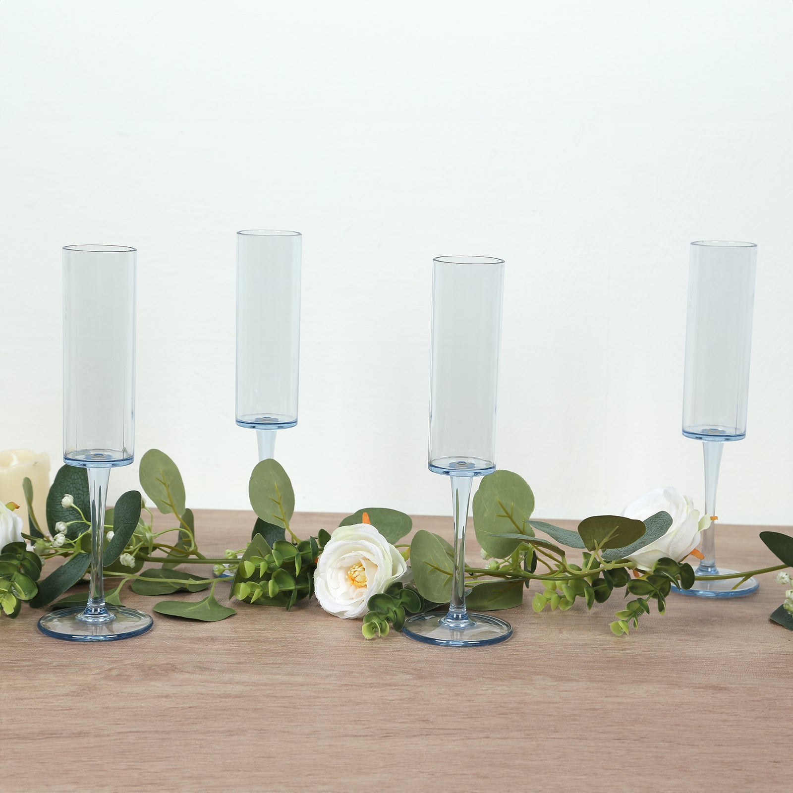 6 - Pack Plastic Wine Mimosa Goblets Transparent Dusty Blue Cylindrical Shape - Reusable Champagne Flute Glasses 9.5" Tall 6oz - Bell Racket Store