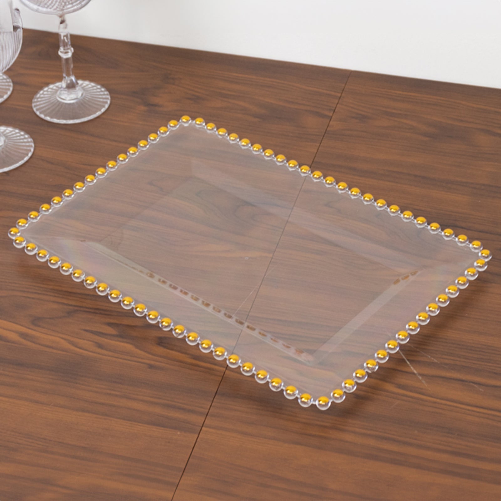 6 - Pack Rectangular Acrylic Serving Trays Clear with Gold Beaded Rim - Food and Dessert Platters 9"x13" - Bell Racket Store