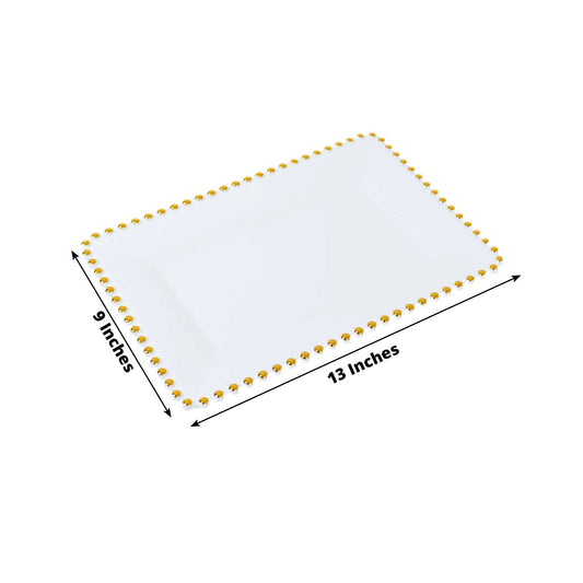 6 - Pack Rectangular Acrylic Serving Trays White with Gold Beaded Rim - Food and Dessert Platters 9"x13" - Bell Racket Store
