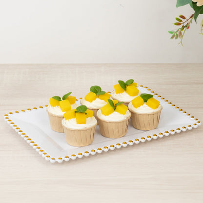 6 - Pack Rectangular Acrylic Serving Trays White with Gold Beaded Rim - Food and Dessert Platters 9"x13" - Bell Racket Store