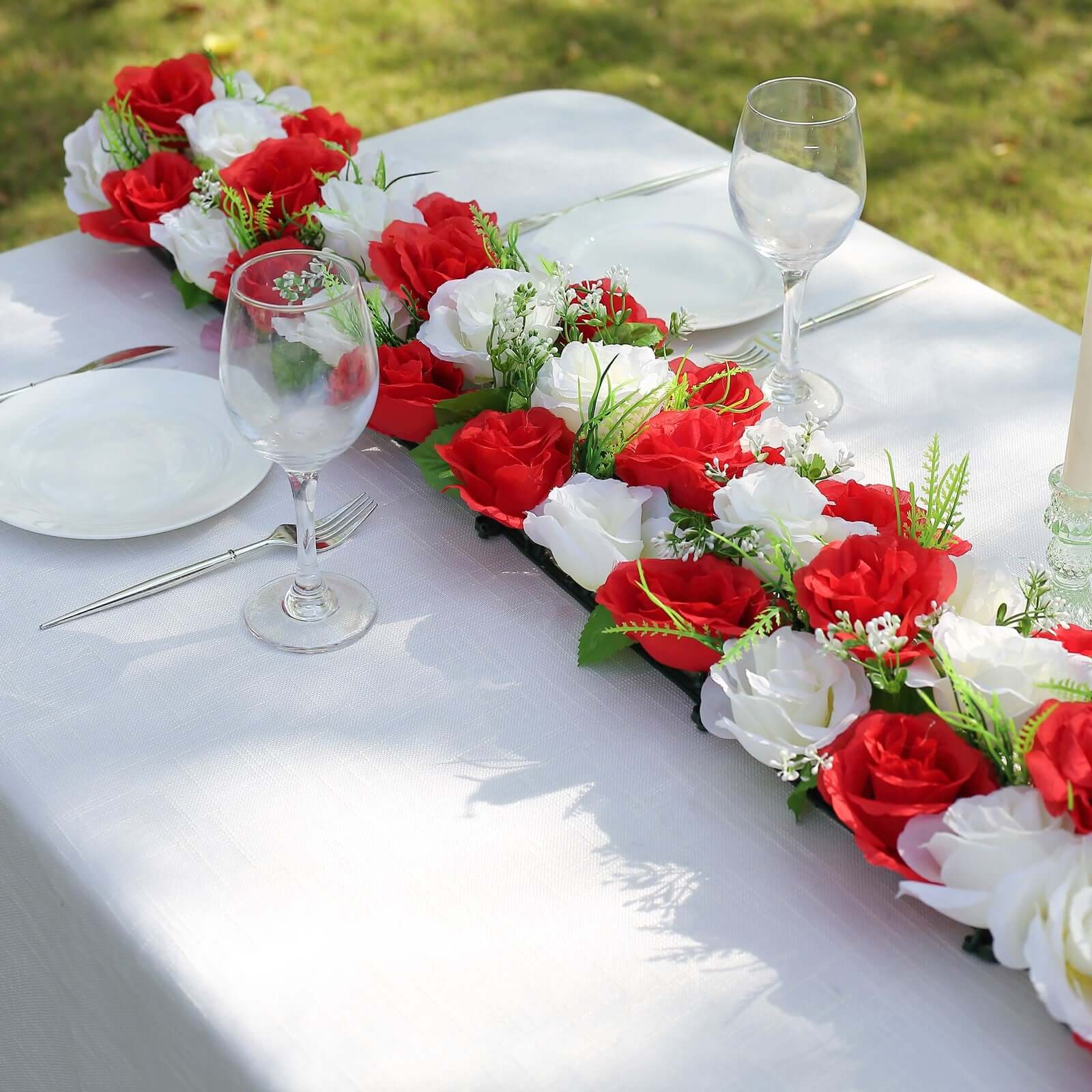 6 Pack Red Ivory Silk Rose Flower Panel Table Runner, Artificial Floral Arrangements Wedding Table Centerpiece - 20"x8" - Bell Racket Store