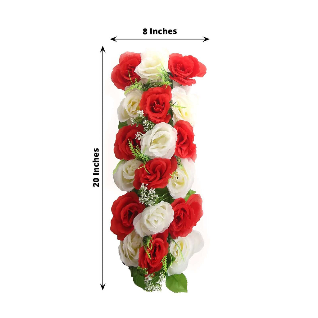 6 Pack Red Ivory Silk Rose Flower Panel Table Runner, Artificial Floral Arrangements Wedding Table Centerpiece - 20"x8" - Bell Racket Store
