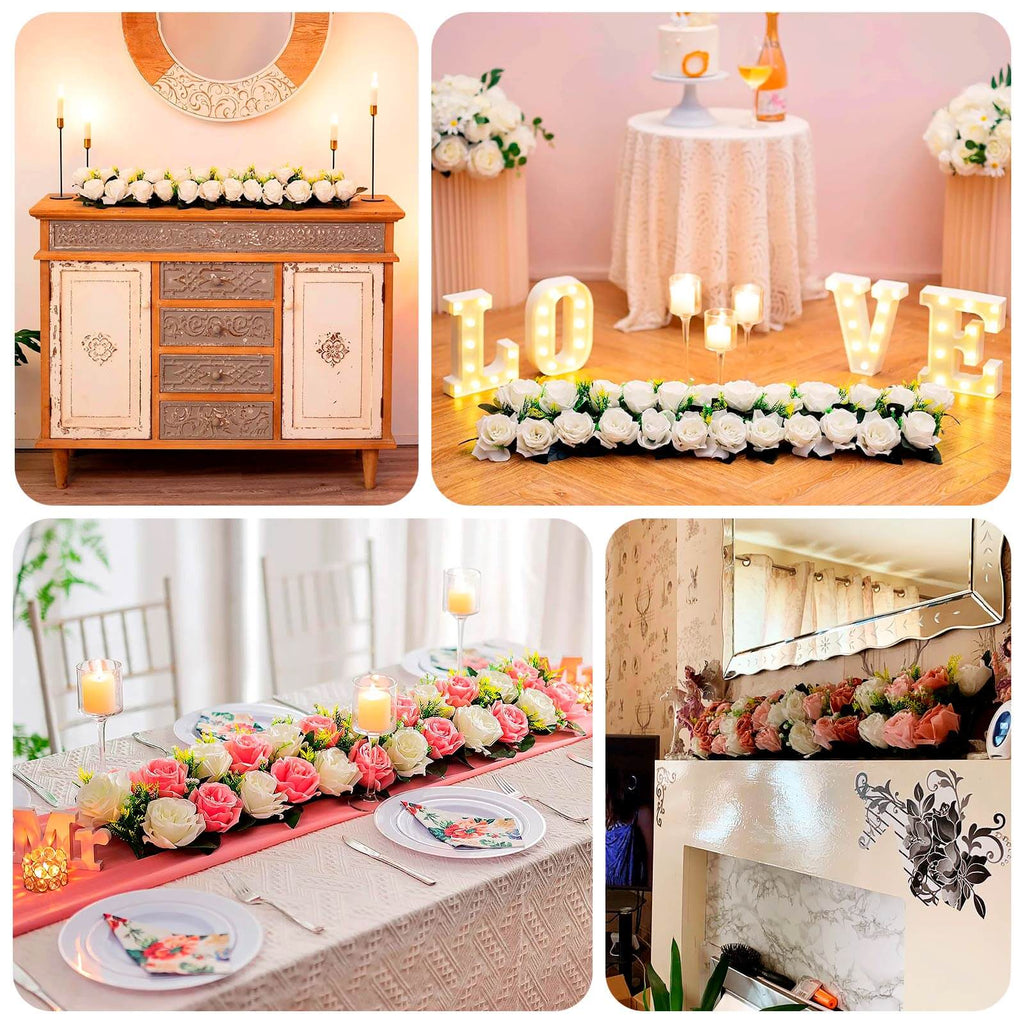 6 Pack Red Ivory Silk Rose Flower Panel Table Runner, Artificial Floral Arrangements Wedding Table Centerpiece - 20"x8" - Bell Racket Store