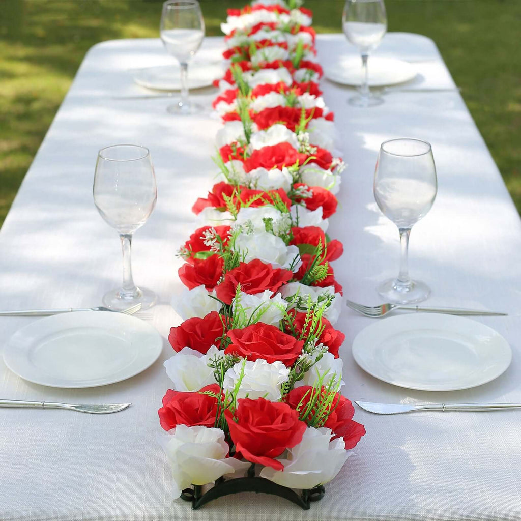 6 Pack Red Ivory Silk Rose Flower Panel Table Runner, Artificial Floral Arrangements Wedding Table Centerpiece - 20"x8" - Bell Racket Store