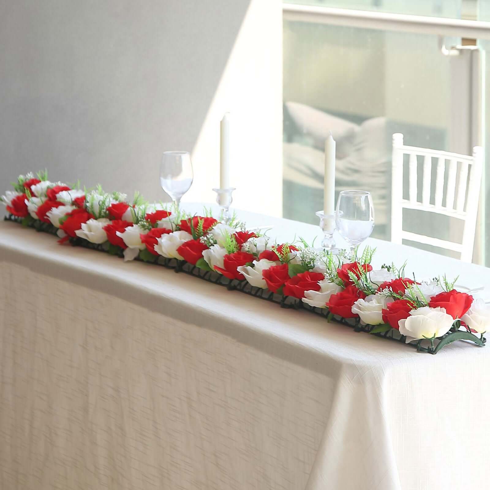 6 Pack Red Ivory Silk Rose Flower Panel Table Runner, Artificial Floral Arrangements Wedding Table Centerpiece - 20"x8" - Bell Racket Store