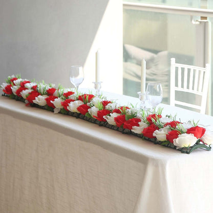 6 Pack Red Ivory Silk Rose Flower Panel Table Runner, Artificial Floral Arrangements Wedding Table Centerpiece - 20"x8" - Bell Racket Store