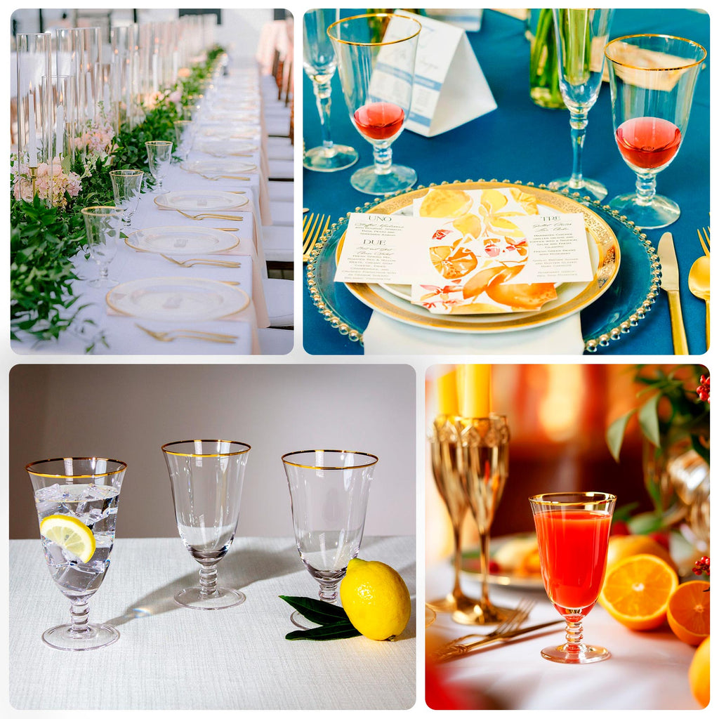 6 - Pack Red Wine Glasses Clear Gold Rimmed Design with Short Beaded Stem - Chic Crystal Goblets for Drinks & Events 16oz 7" - Bell Racket Store