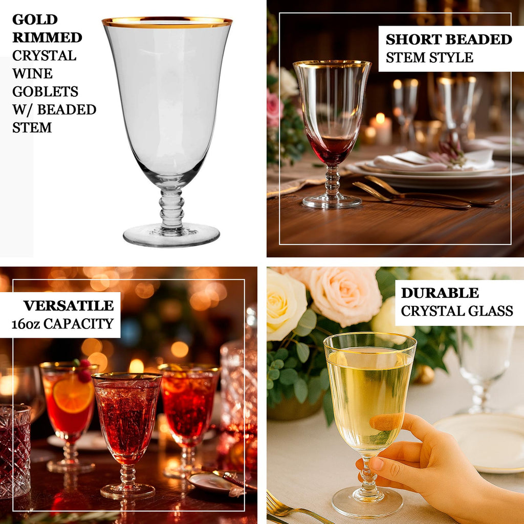 6 - Pack Red Wine Glasses Clear Gold Rimmed Design with Short Beaded Stem - Chic Crystal Goblets for Drinks & Events 16oz 7" - Bell Racket Store