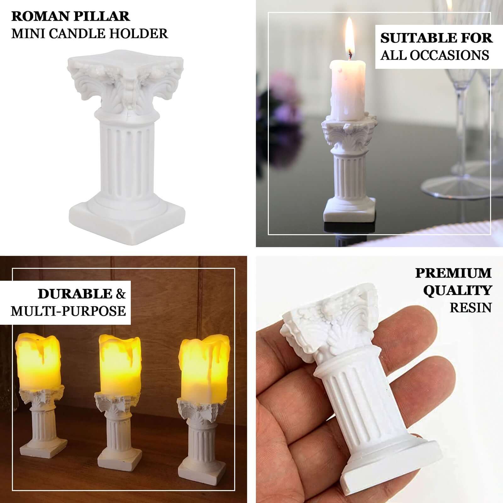 6 - Pack Resin Roman Column Pillar Pedestal Candle Holders, Greek Statue Antique White Stands Sturdy Decorative Design 2.5" - Bell Racket Store