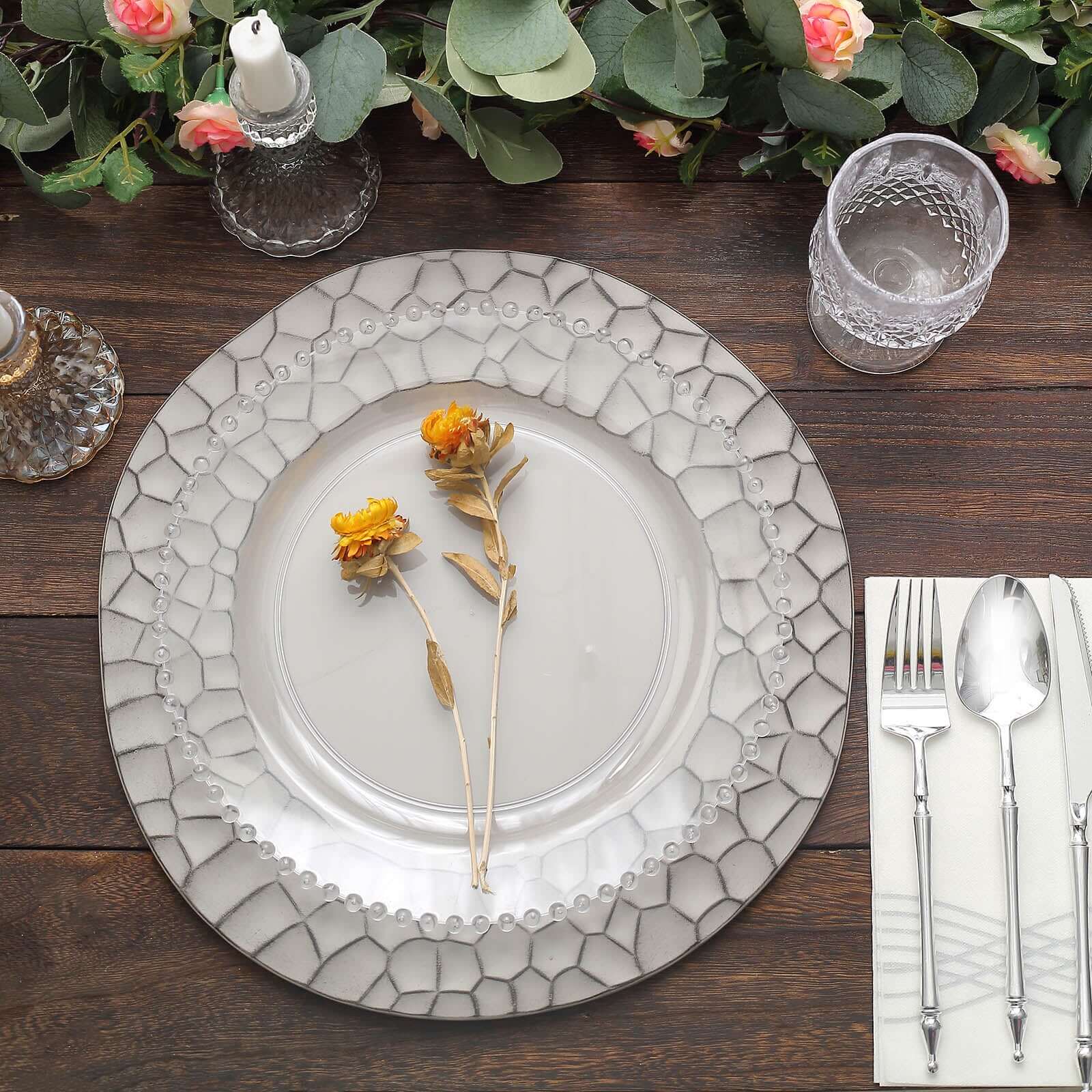 6 - Pack Round Charger Plates 13" in Gray with Hammered Rim, Matte Finish Modern Dinner Charger Tableware - Bell Racket Store