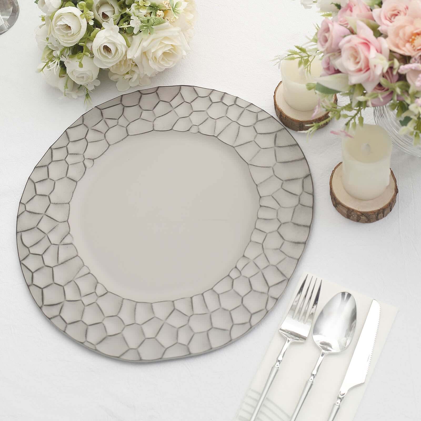 6 - Pack Round Charger Plates 13" in Gray with Hammered Rim, Matte Finish Modern Dinner Charger Tableware - Bell Racket Store