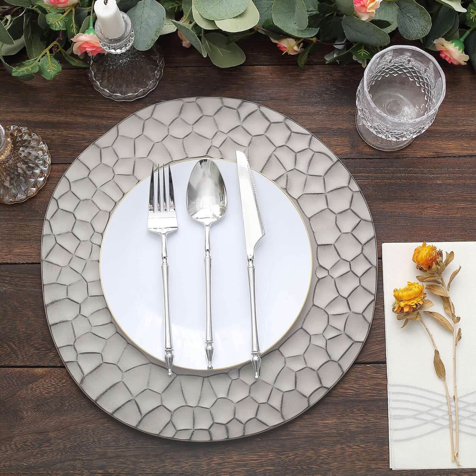 6 - Pack Round Charger Plates 13" in Gray with Hammered Rim, Matte Finish Modern Dinner Charger Tableware - Bell Racket Store