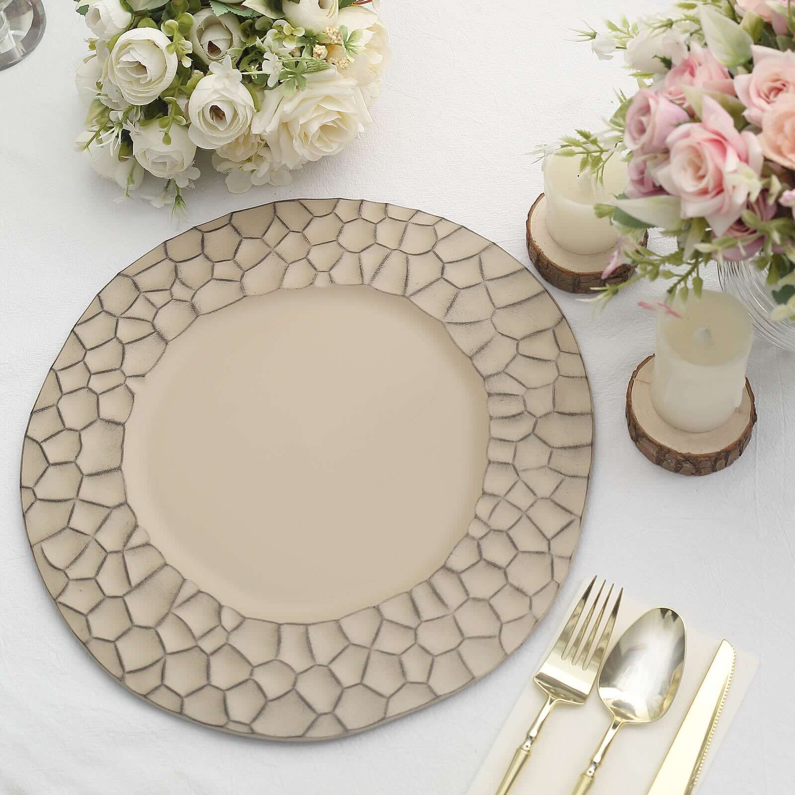 6 - Pack Round Charger Plates 13" in Taupe with Hammered Rim, Matte Finish Modern Dinner Charger Tableware - Bell Racket Store