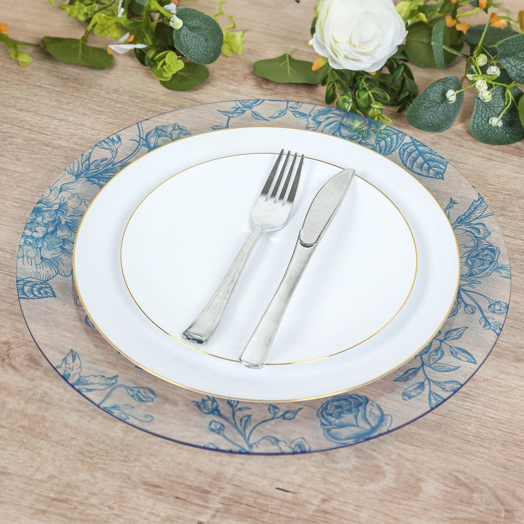 6 Pack Round Floral Acrylic Charger Plates in French Toile Pattern, 13" Clear Light Blue Dinner Charger Event Tabletop Decor - Bell Racket Store