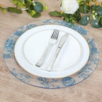 6 Pack Round Floral Acrylic Charger Plates in French Toile Pattern, 13" Clear Light Blue Dinner Charger Event Tabletop Decor - Bell Racket Store