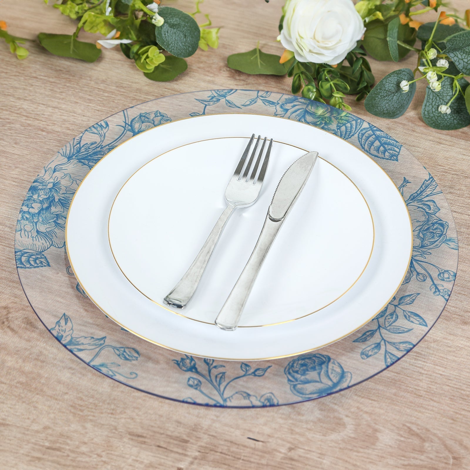 6 Pack Round Floral Acrylic Charger Plates in French Toile Pattern, 13" Clear Light Blue Dinner Charger Event Tabletop Decor - Bell Racket Store