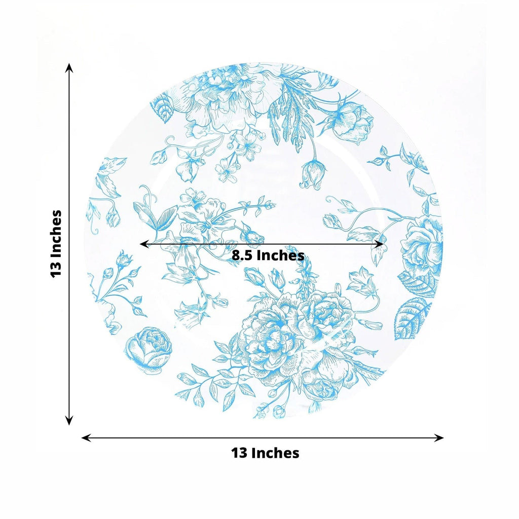 6 Pack Round Floral Acrylic Charger Plates in French Toile Pattern, 13" Clear Light Blue Dinner Charger Event Tabletop Decor - Bell Racket Store