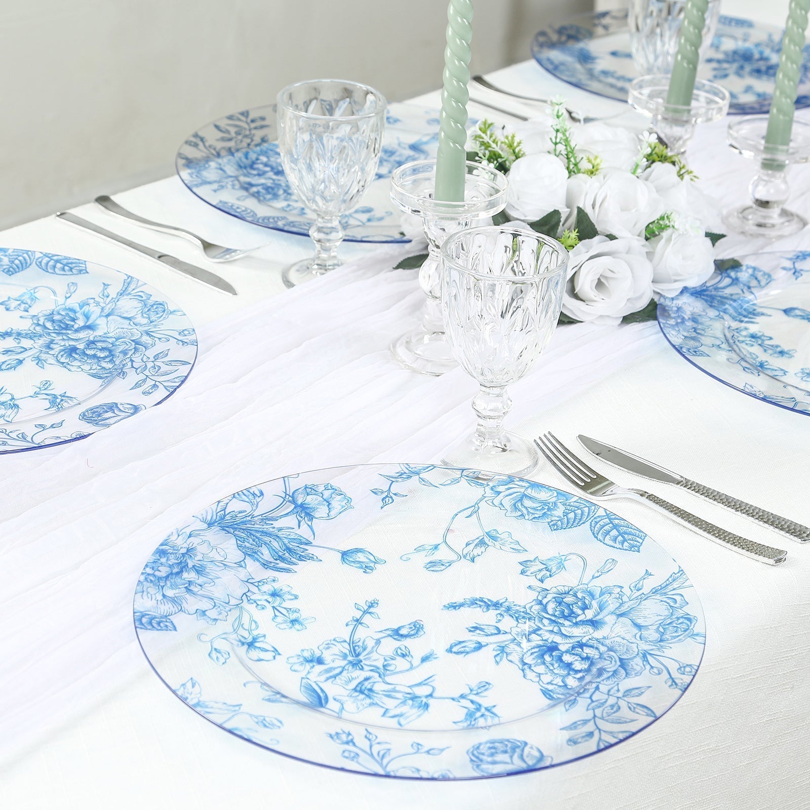 6 Pack Round Floral Acrylic Charger Plates in French Toile Pattern, 13" Clear Light Blue Dinner Charger Event Tabletop Decor - Bell Racket Store