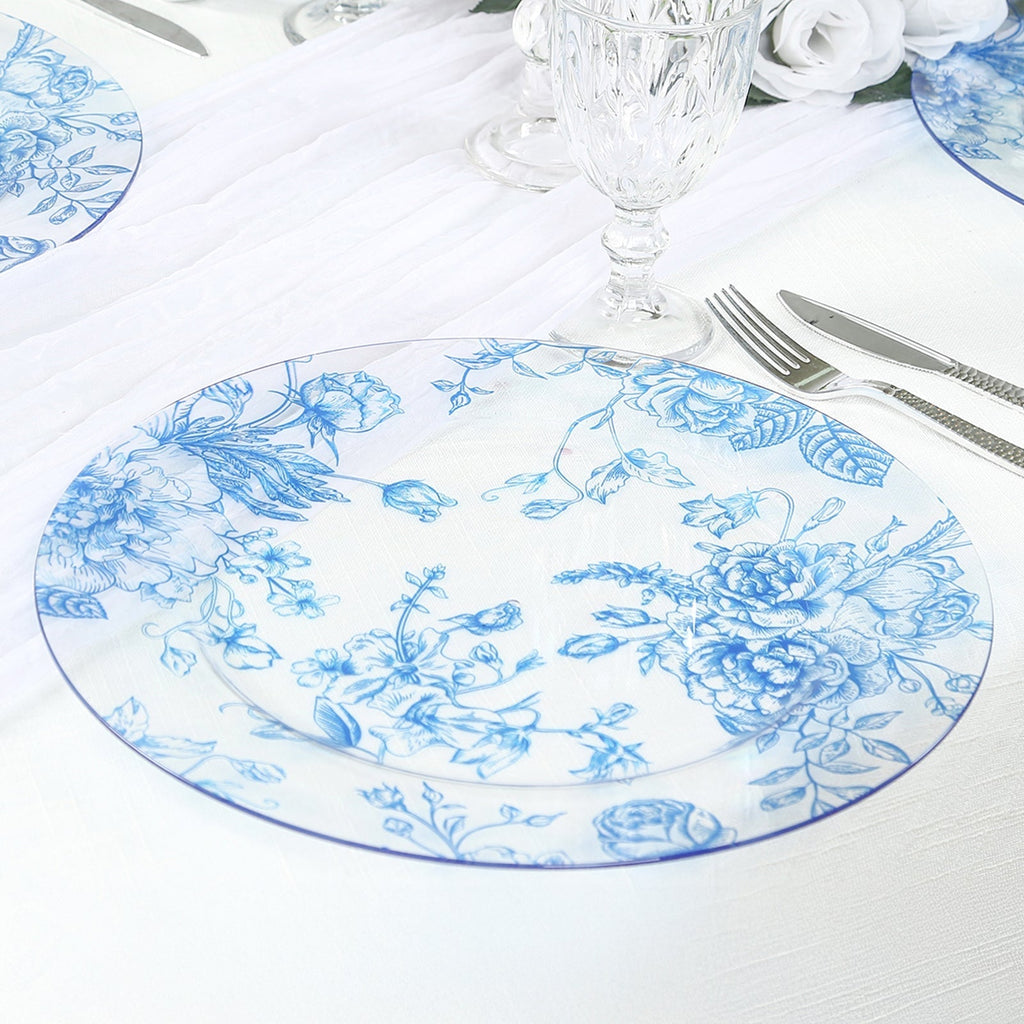 6 Pack Round Floral Acrylic Charger Plates in French Toile Pattern, 13" Clear Light Blue Dinner Charger Event Tabletop Decor - Bell Racket Store
