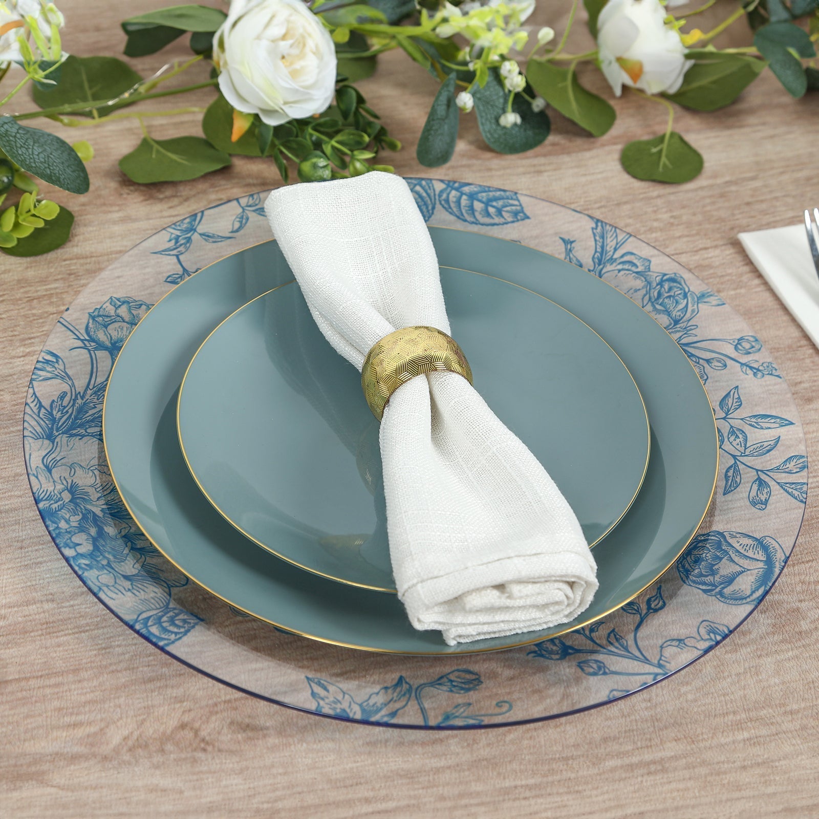 6 Pack Round Floral Acrylic Charger Plates in French Toile Pattern, 13" Clear Light Blue Dinner Charger Event Tabletop Decor - Bell Racket Store