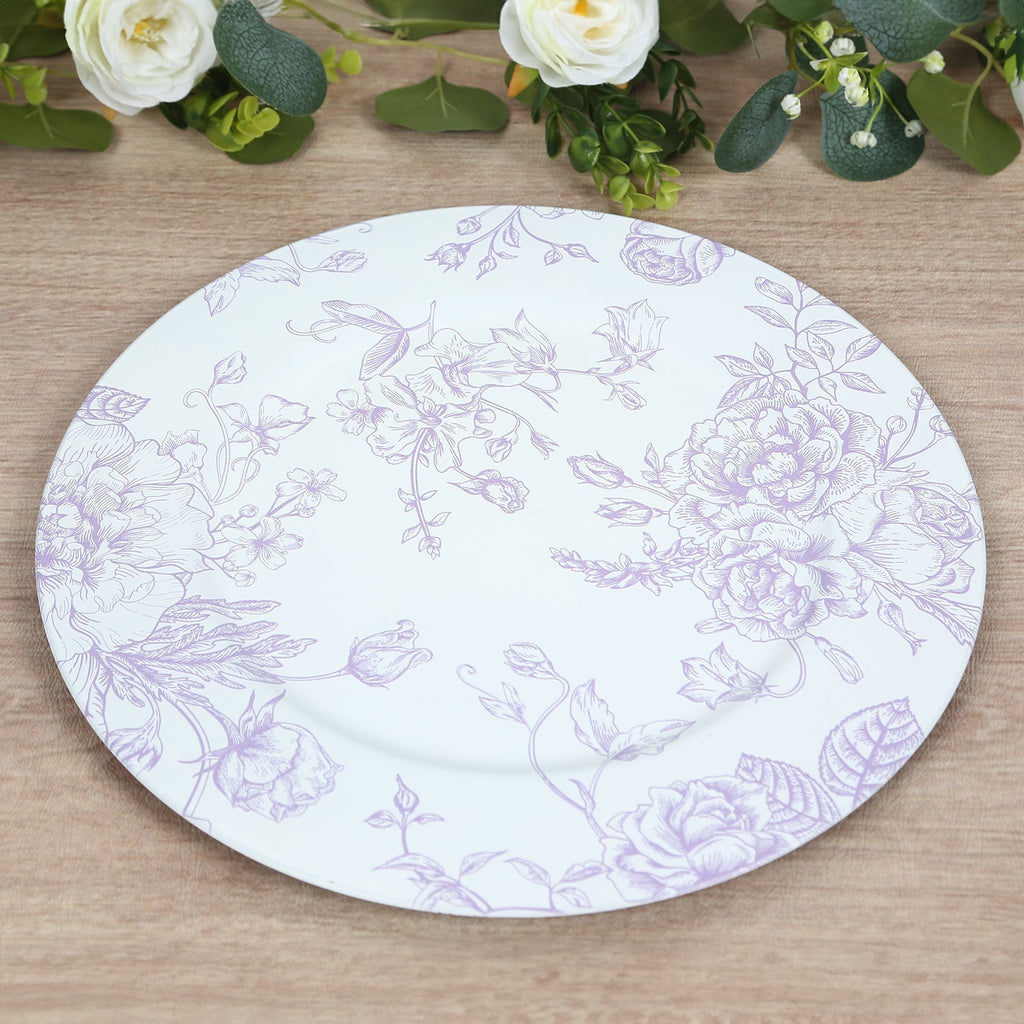 6 Pack Round Floral Acrylic Charger Plates in French Toile Pattern, 13" Matte Lavender and White Dinner Charger Event Tabletop Decor - Bell Racket Store