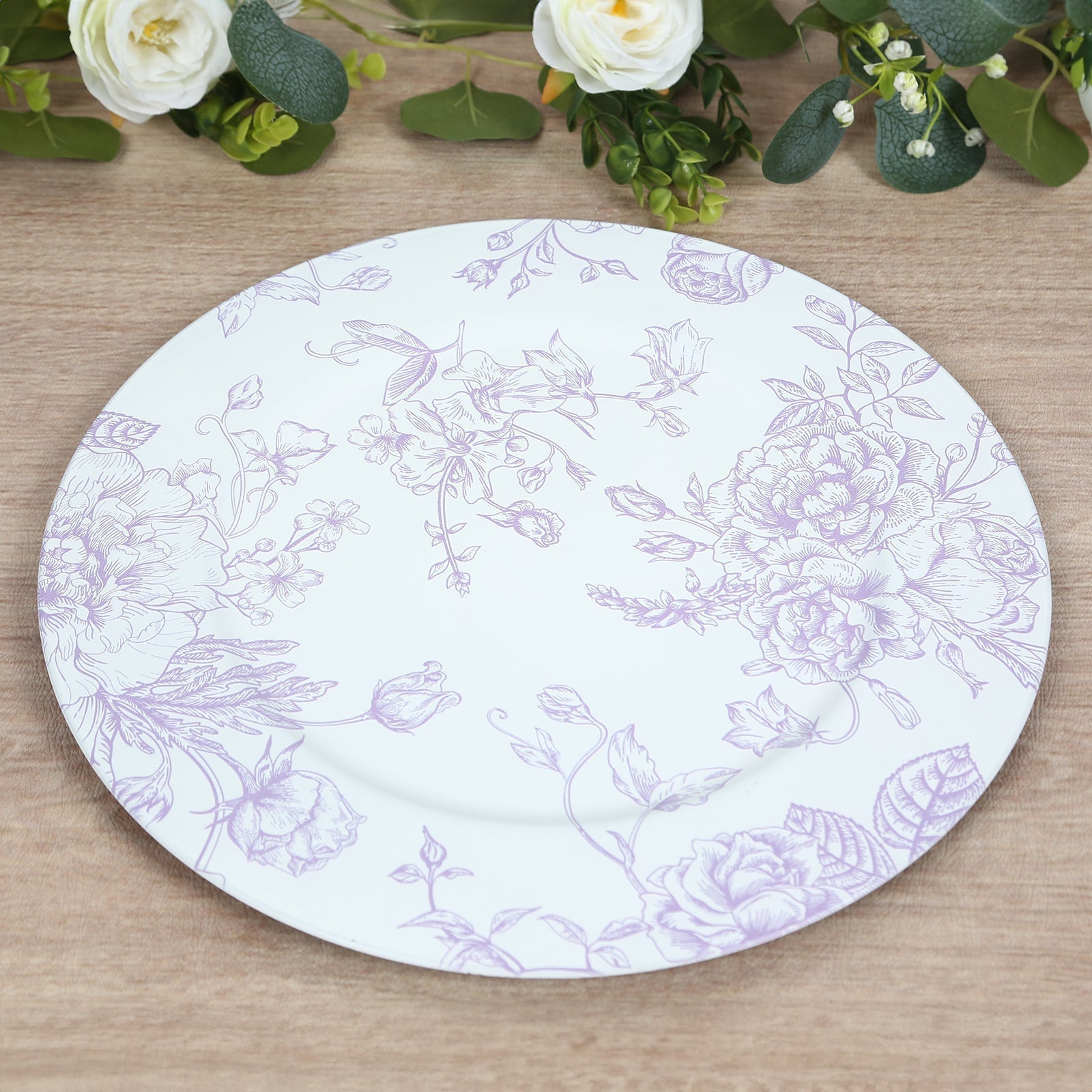 6 Pack Round Floral Acrylic Charger Plates in French Toile Pattern, 13" Matte Lavender and White Dinner Charger Event Tabletop Decor - Bell Racket Store