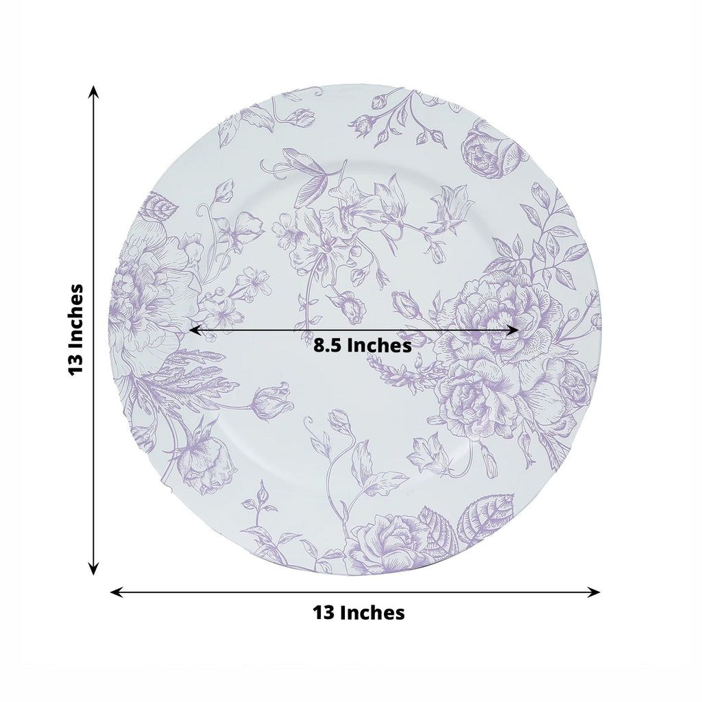 6 Pack Round Floral Acrylic Charger Plates in French Toile Pattern, 13" Matte Lavender and White Dinner Charger Event Tabletop Decor - Bell Racket Store