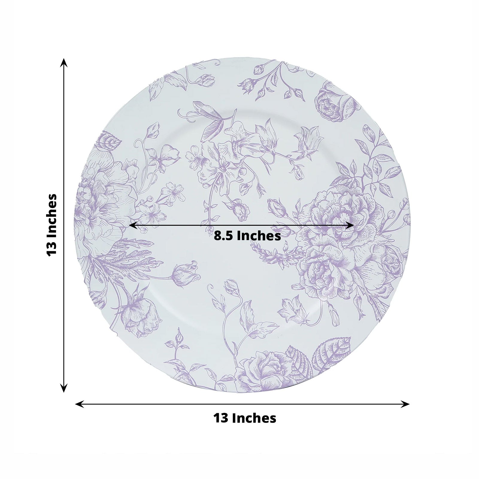 6 Pack Round Floral Acrylic Charger Plates in French Toile Pattern, 13" Matte Lavender and White Dinner Charger Event Tabletop Decor - Bell Racket Store