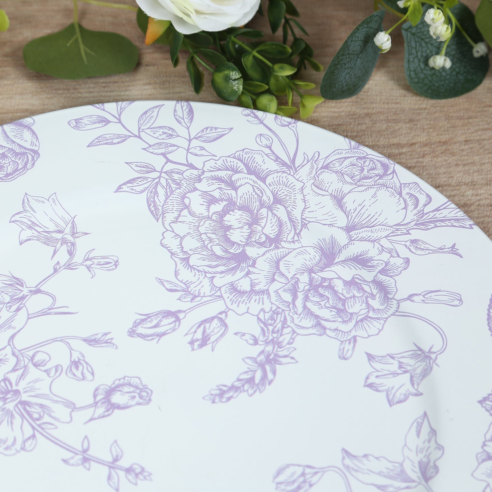 6 Pack Round Floral Acrylic Charger Plates in French Toile Pattern, 13" Matte Lavender and White Dinner Charger Event Tabletop Decor - Bell Racket Store