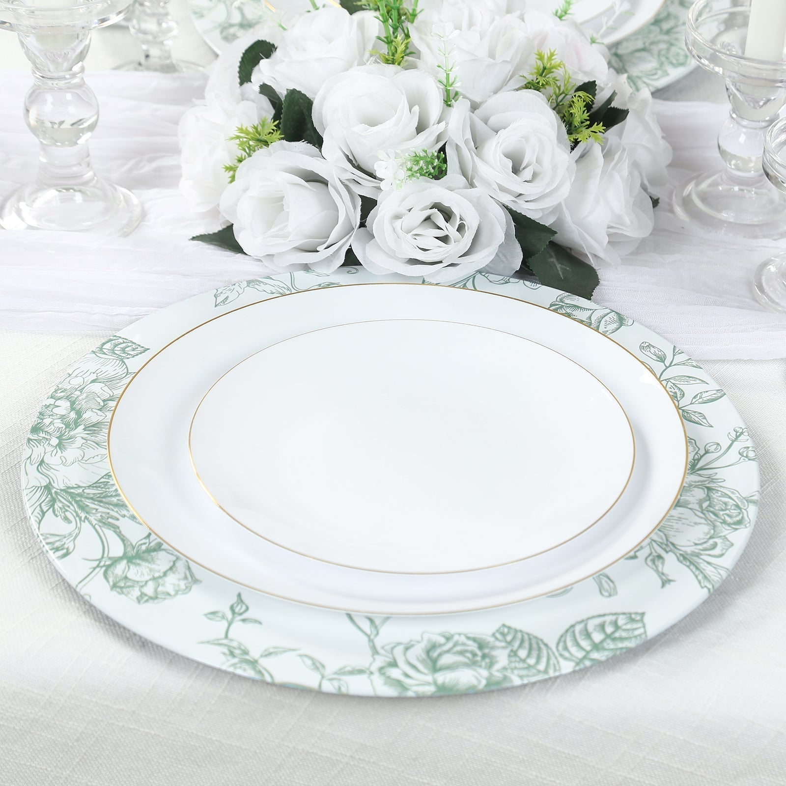 6 Pack Round Floral Acrylic Charger Plates in French Toile Pattern, 13" White Sage Green Dinner Charger Event Tabletop Decor - Bell Racket Store