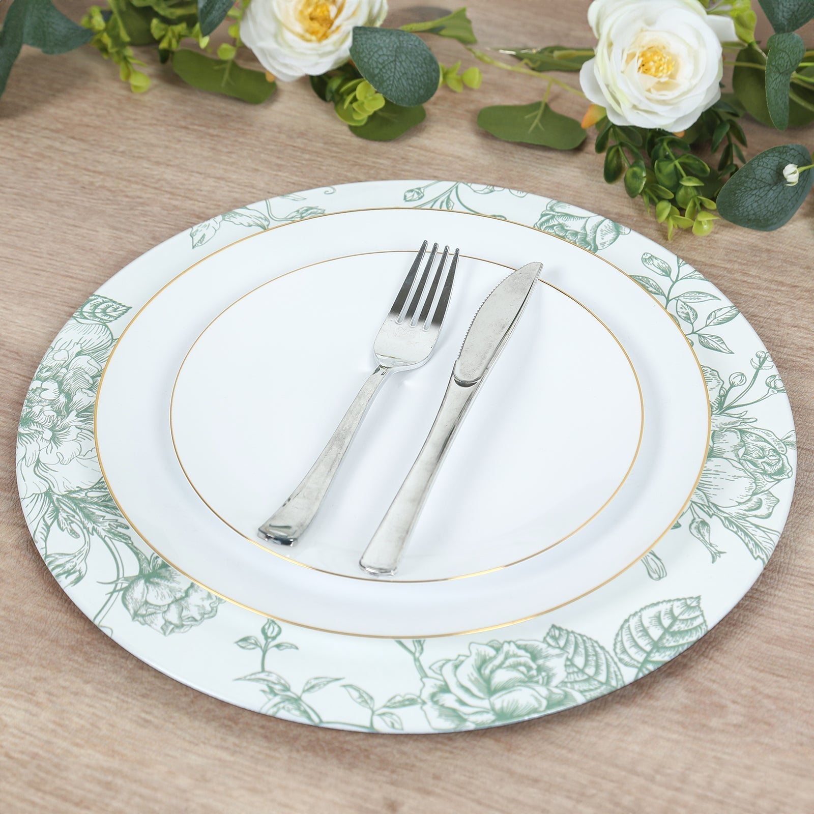 6 Pack Round Floral Acrylic Charger Plates in French Toile Pattern, 13" White Sage Green Dinner Charger Event Tabletop Decor - Bell Racket Store