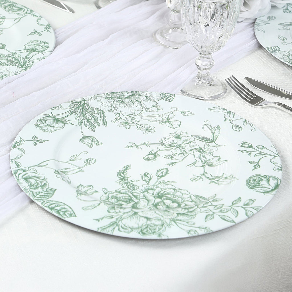 6 Pack Round Floral Acrylic Charger Plates in French Toile Pattern, 13" White Sage Green Dinner Charger Event Tabletop Decor - Bell Racket Store