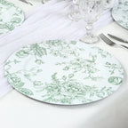 6 Pack Round Floral Acrylic Charger Plates in French Toile Pattern, 13" White Sage Green Dinner Charger Event Tabletop Decor - Bell Racket Store