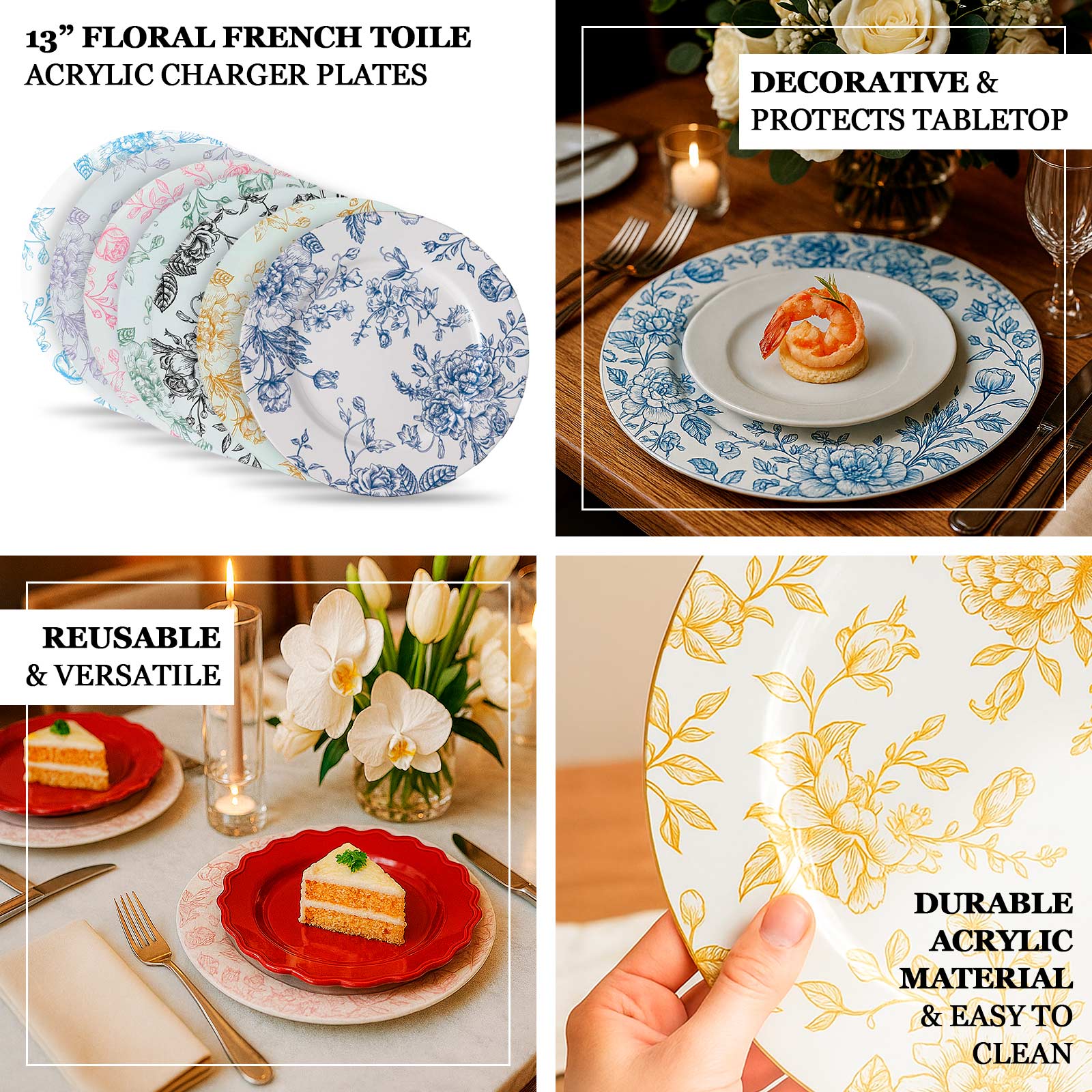 6 Pack Round Floral Acrylic Charger Plates in French Toile Pattern, 13" White Sage Green Dinner Charger Event Tabletop Decor - Bell Racket Store